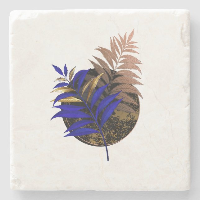 Blue fern on black circle stone coaster (Front)