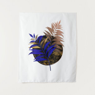 Blue fern on black circle tapestry