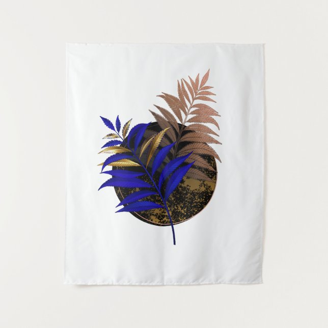 Blue fern on black circle tapestry (Front)
