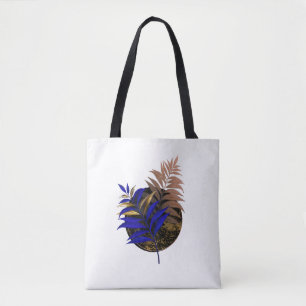 Blue fern on black circle tote bag