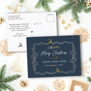 Blue: Festive Bow & Tree Doodles Holiday Postcard