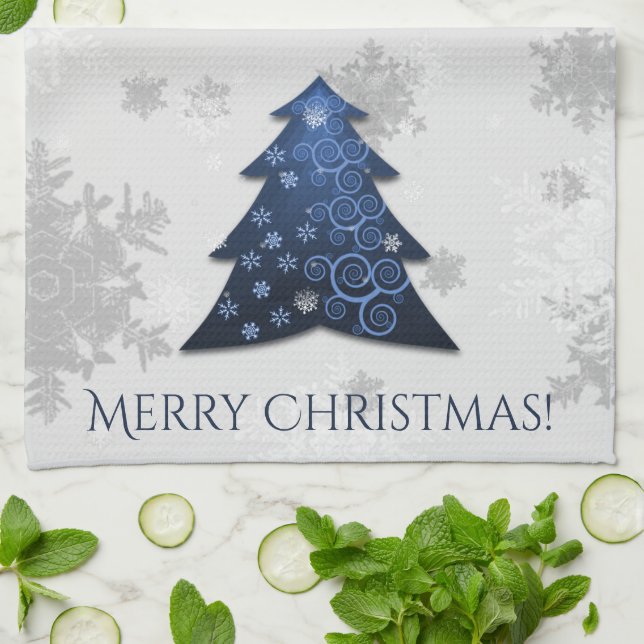 Blue Festive Christmas Tree Kitchen Towel (Folded)