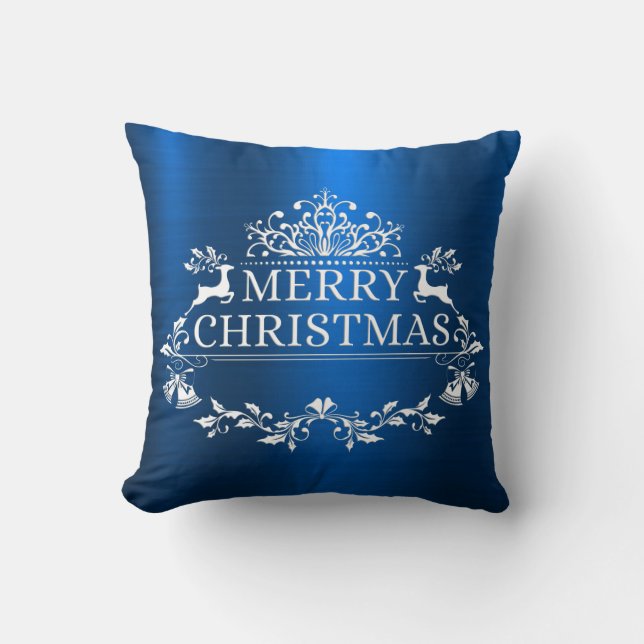 Blue Festive Merry Christmas Throw Pillow (Front)