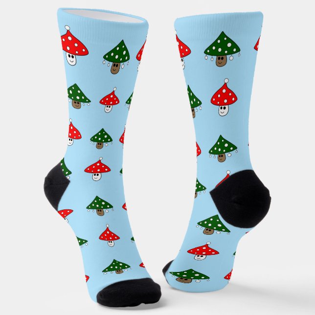 Blue Festive Mushrooms Crew Socks (Angled)