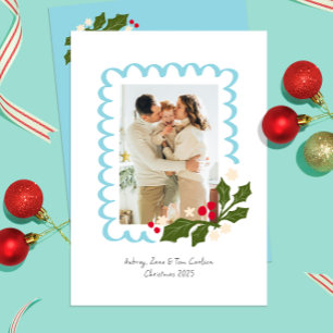 Blue Festive Scallop Frame with Holly One Photo Holiday Card