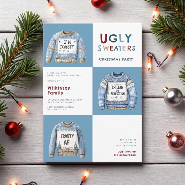 Blue Festive Ugly Christmas Sweaters Party  Invitation (Creator Uploaded)
