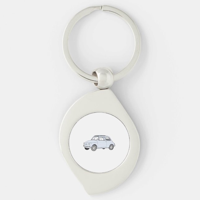 Blue Fiat 500 Topolino Pencil Style Drawing Swirl Key Ring (Front)