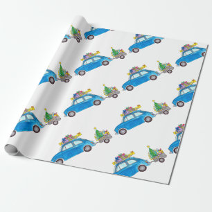Blue Fiat 500 with Christmas Gifts Watercolor Wrapping Paper