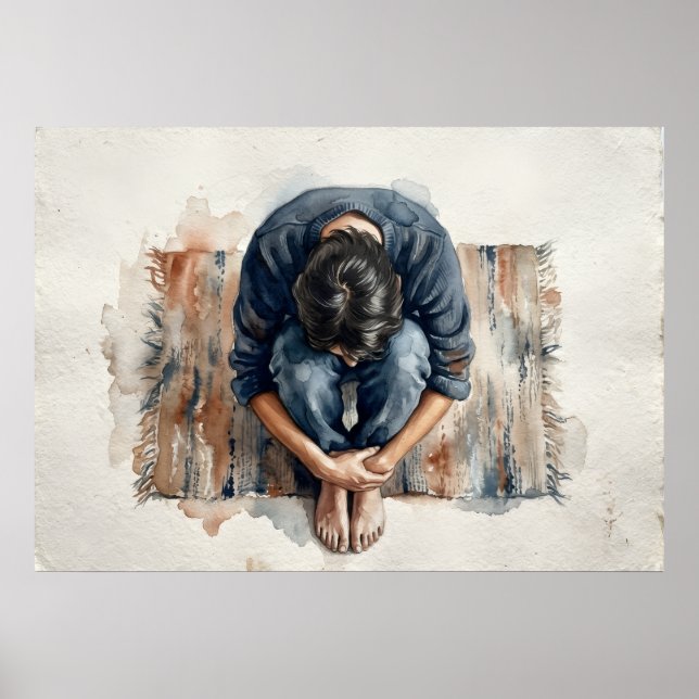 Blue Figure Emotional Watercolour Poster (Front)
