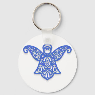 Blue Filigree Angel Silhouette Ornate Lace Key Ring