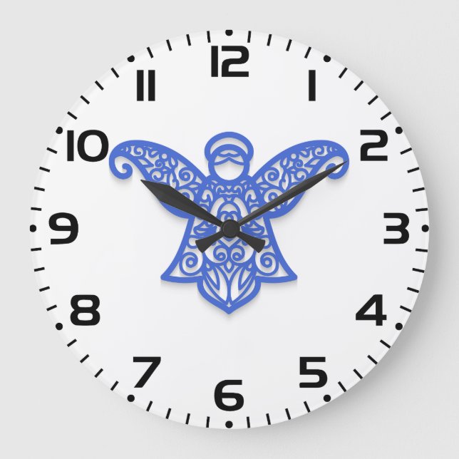 Blue Filigree Angel Silhouette Ornate Lace Large Clock (Front)