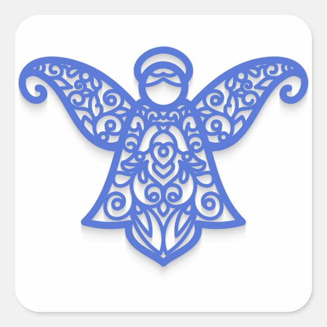 Blue Filigree Angel Silhouette Ornate Lace Square Sticker (Front)