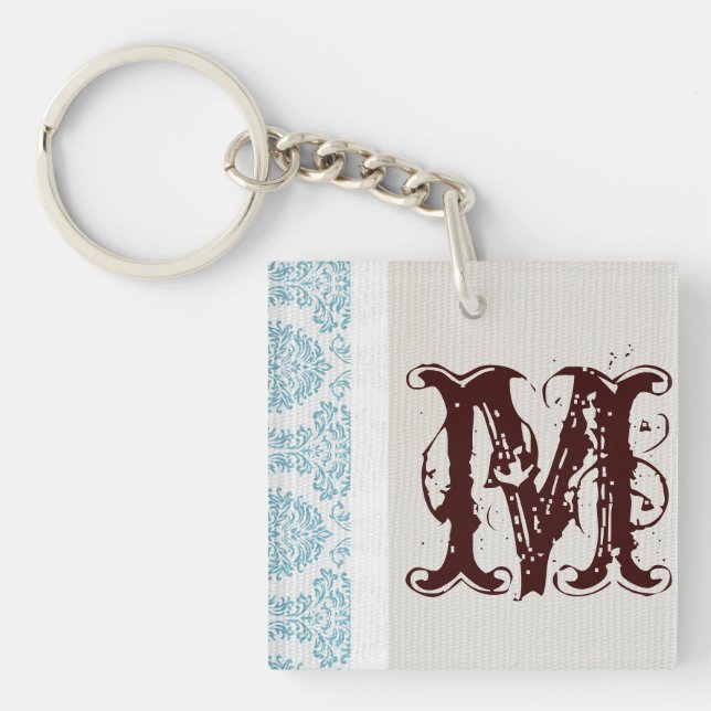 Blue Filigree Damask Key Chain (Front)