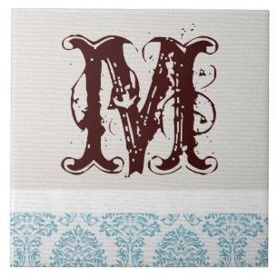 Blue Filigree Damask Monogram Display Tile