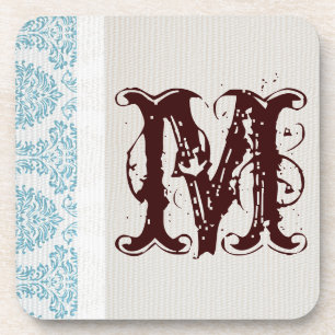 Blue Filigree Damask Monogram Drink Coaster