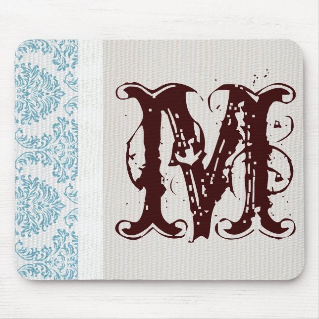 Blue Filigree Damask Monogram Initial Mouse Pad (Front)