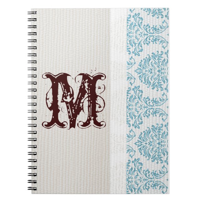 Blue Filigree Damask Monogram Initial Note Book (Front)