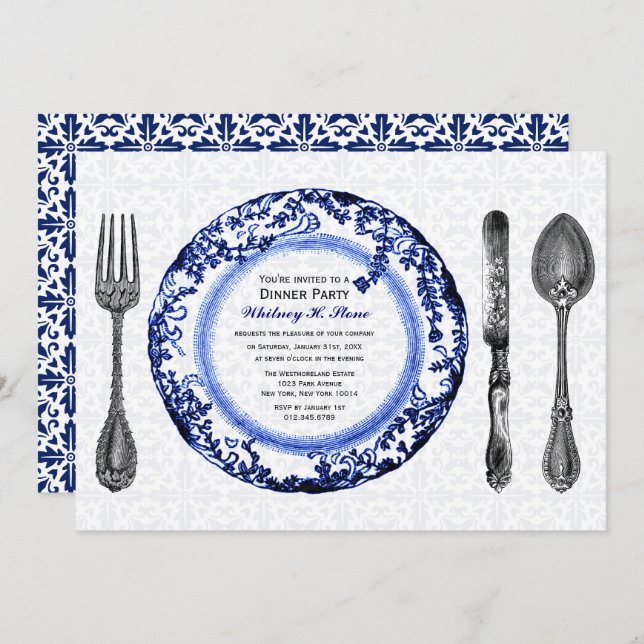 Blue Fine Dining Dinner Party Invitation (Front/Back)