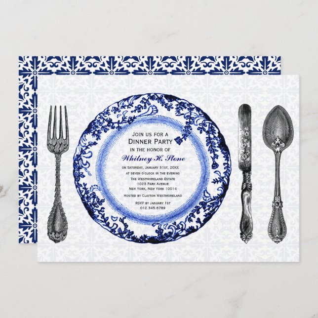 Blue Fine Dining Dinner Party Invitation (Front/Back)