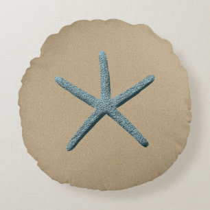 Blue Finger Starfish On Sand Coloured Background Round Cushion
