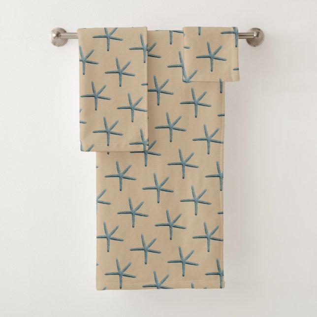 Blue Finger Starfish Pattern On Sand Bath Towel Set (Insitu)