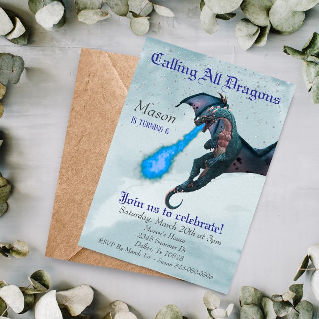 Blue Fire Breathing Dragon Serpent Birthday Party Invitation (Creator Uploaded)