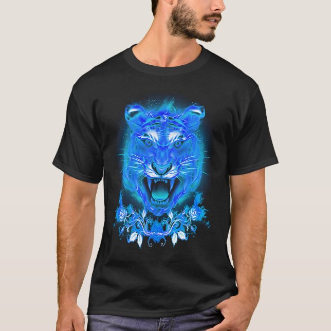 Blue Fire Flaming Tiger Cat T-Shirt (Front)