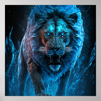 Blue Fire Lion Poster