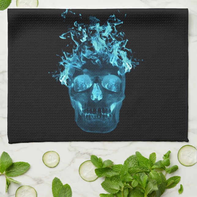 Blue Fire Skull Kitchen Towel (Folded)