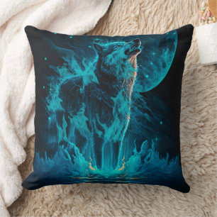 Blue Fire Wolf Cushion