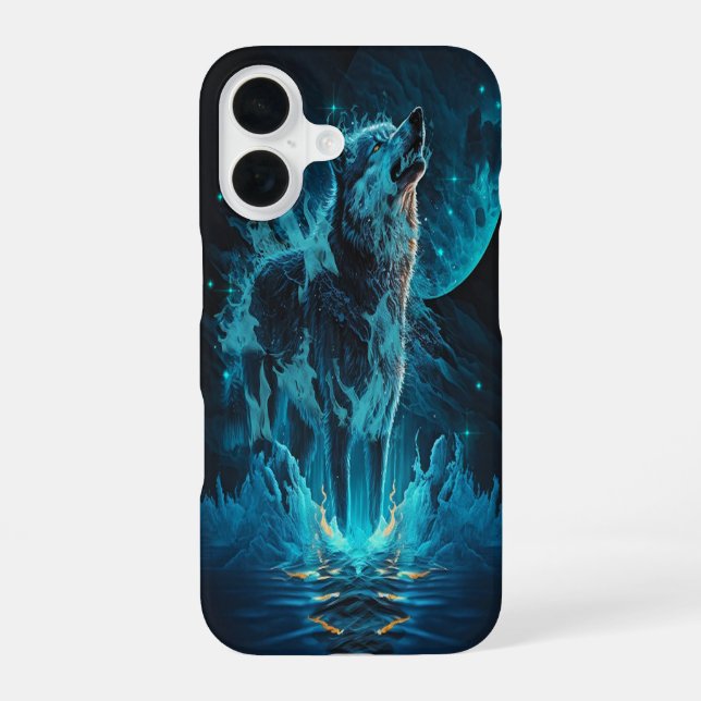 Blue Fire Wolf iPhone 16 Case (Back)