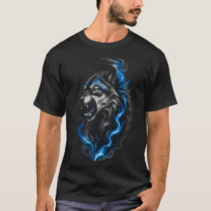 Blue Fire Wolf T-Shirt   Fantasy Wolf Graphic Tee 