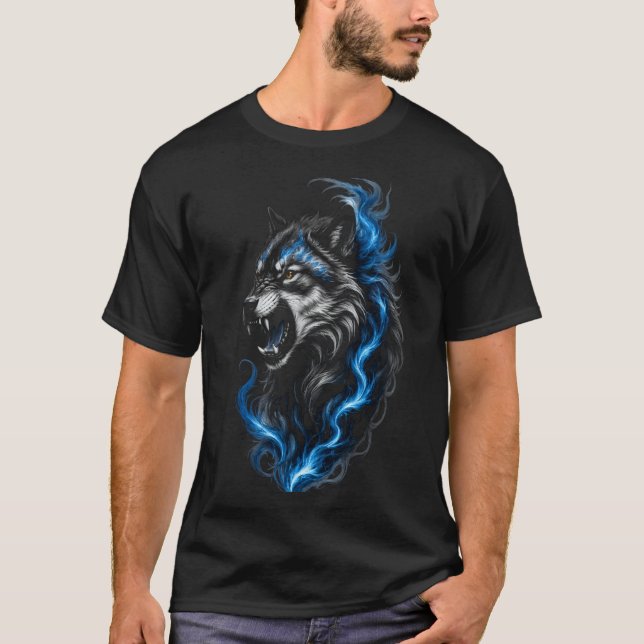 Blue Fire Wolf T-Shirt | Fantasy Wolf Graphic Tee  (Front)