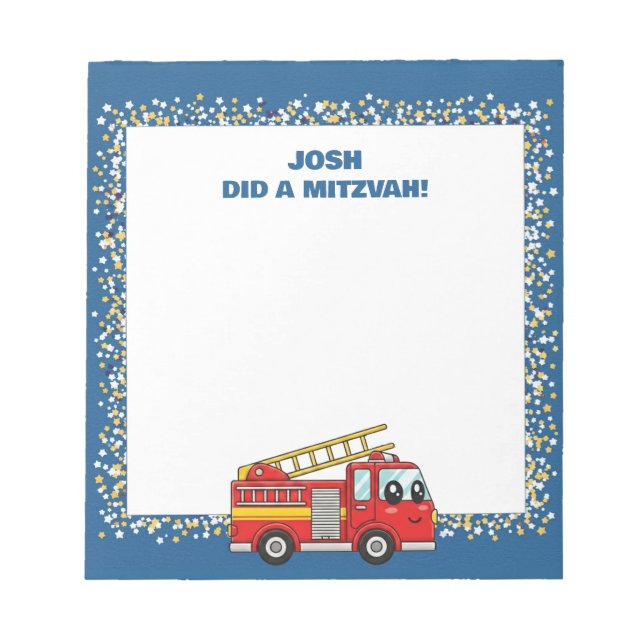 Blue FirefIghter Fire Truck Personalised Mitzvah  Notepad (Front)