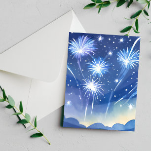Blue Fireworks Firework Celebration Watercolor Holiday Card