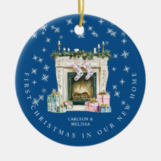 Blue First Christmas In Our New Home Fireplace Ceramic Ornament