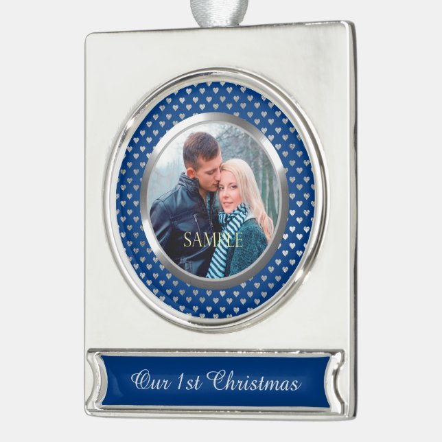 Blue First Christmas Silver Heart Plated Banner Ornament (Left)