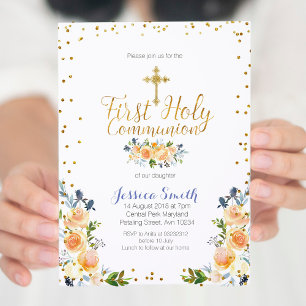 Blue First Holy Communion Gold floral invite
