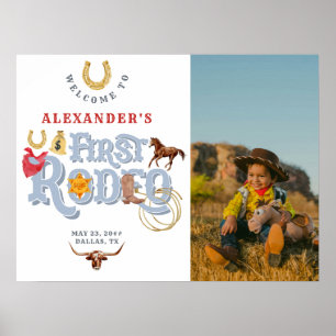 Blue First Rodeo Baby Boy 1st Birthday Welcome Poster