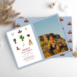 Blue First Rodeo Cowboy Kids Birthday Photo Invitation