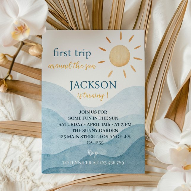 Blue First Trip Around Sun 1st Birthday Invitation (Creator Uploaded)