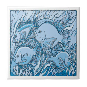 Blue Fish and Seaweed, Blue Dutch Delft Look Ceramic Tile