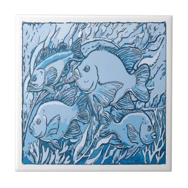 Blue Fish and Seaweed, Blue Dutch Delft Look Ceramic Tile (Front)