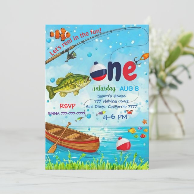 Blue Fish Boat Ofishally One 1st Birthday Invitati Invitation (Standing Front)