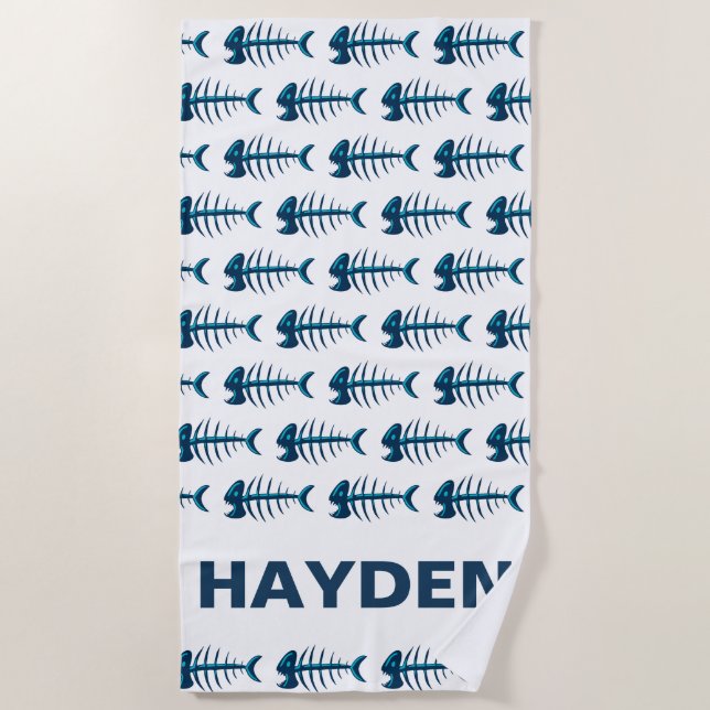 Blue Fish Bones Pattern Personalised Beach Towel (Front)