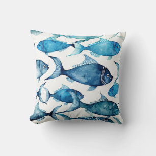 Blue Fish Cushion   Coastal Seaside Beach House