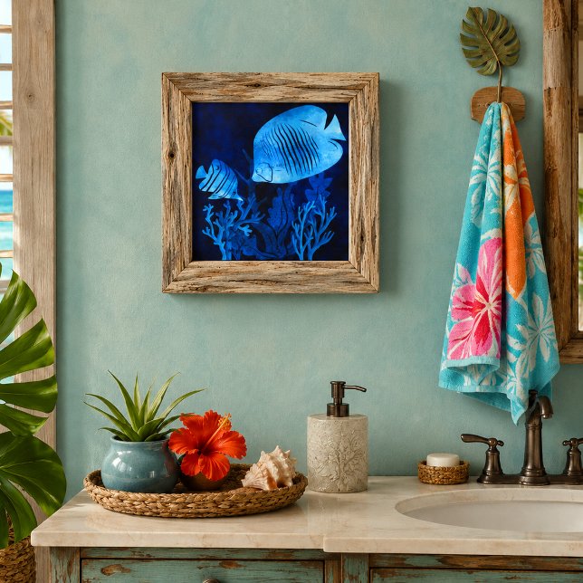 Blue Fish Deep Blue Seas Marine Life Ocean Theme Ceramic Tile (watercolor illustration of blue angelfish and butterfly fish ocean marine life ceramic tile
)