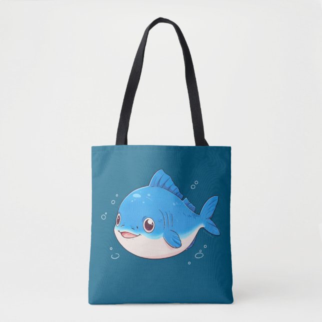 Blue Fish Drawing, Cartoon Style Tote Bag (Front)