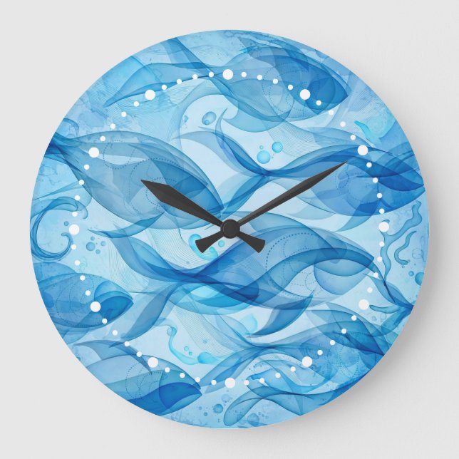 Blue Fish Flowing Abstract Harmonious Large Clock (Front)