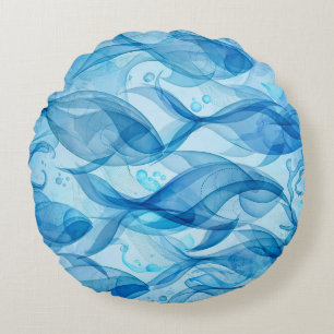 Blue Fish Flowing Abstract Harmonious Round Cushion